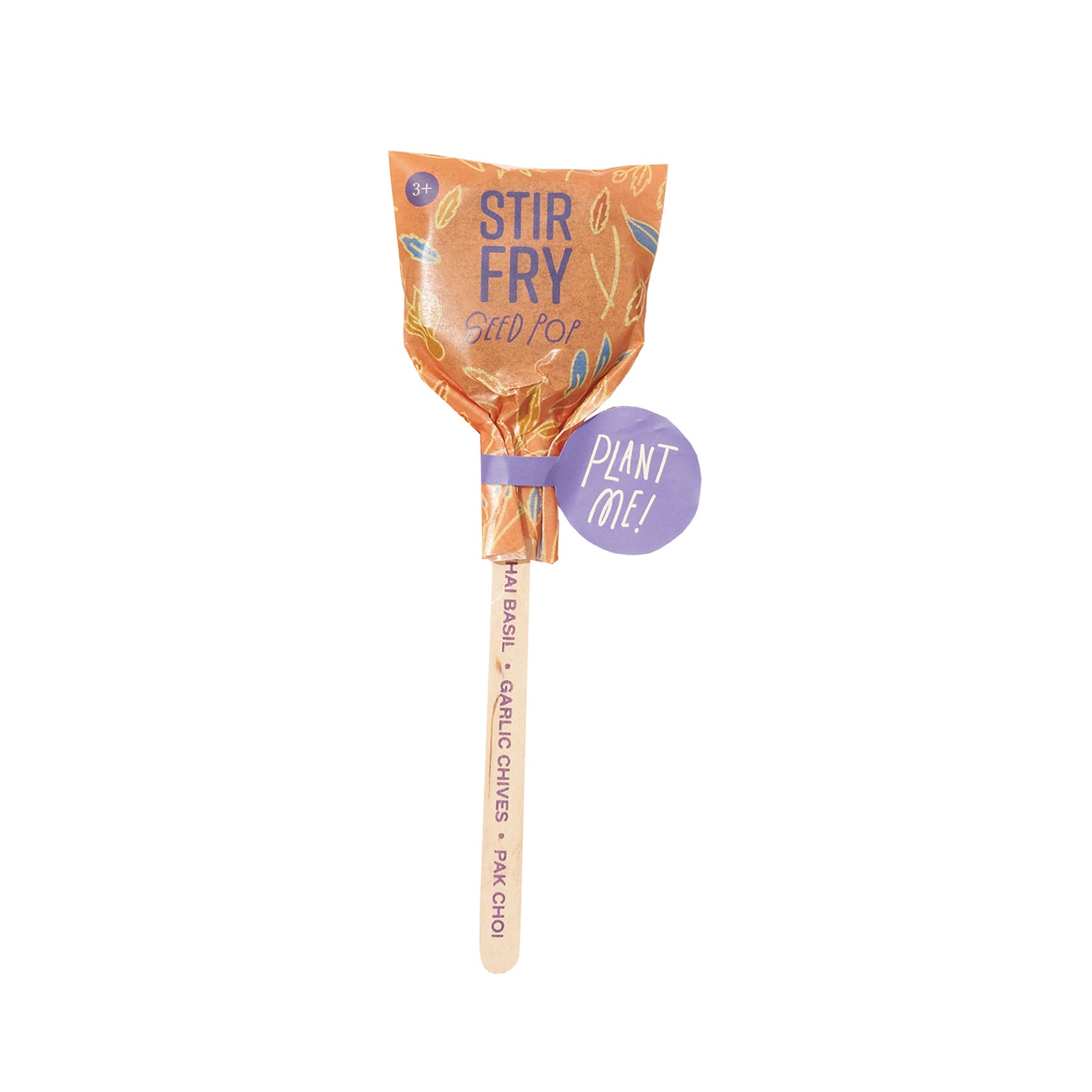 Culinary seed lollipop featuring stir fry seeds, including Thai basil, garlic chives, and pak choi, in vibrant packaging.