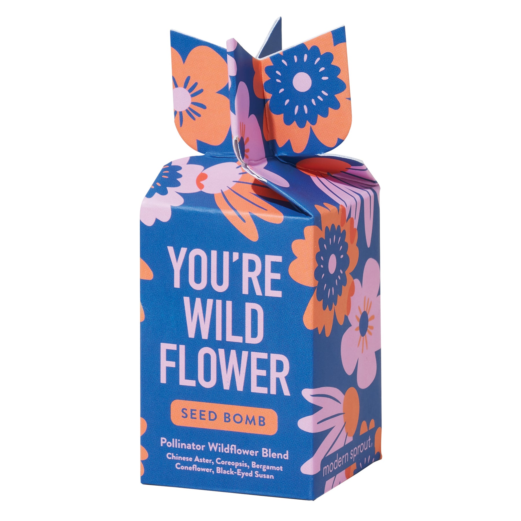 Colorful seed bomb packaging featuring floral designs and the text "You're Wild Flower" for a pollinator wildflower blend.
