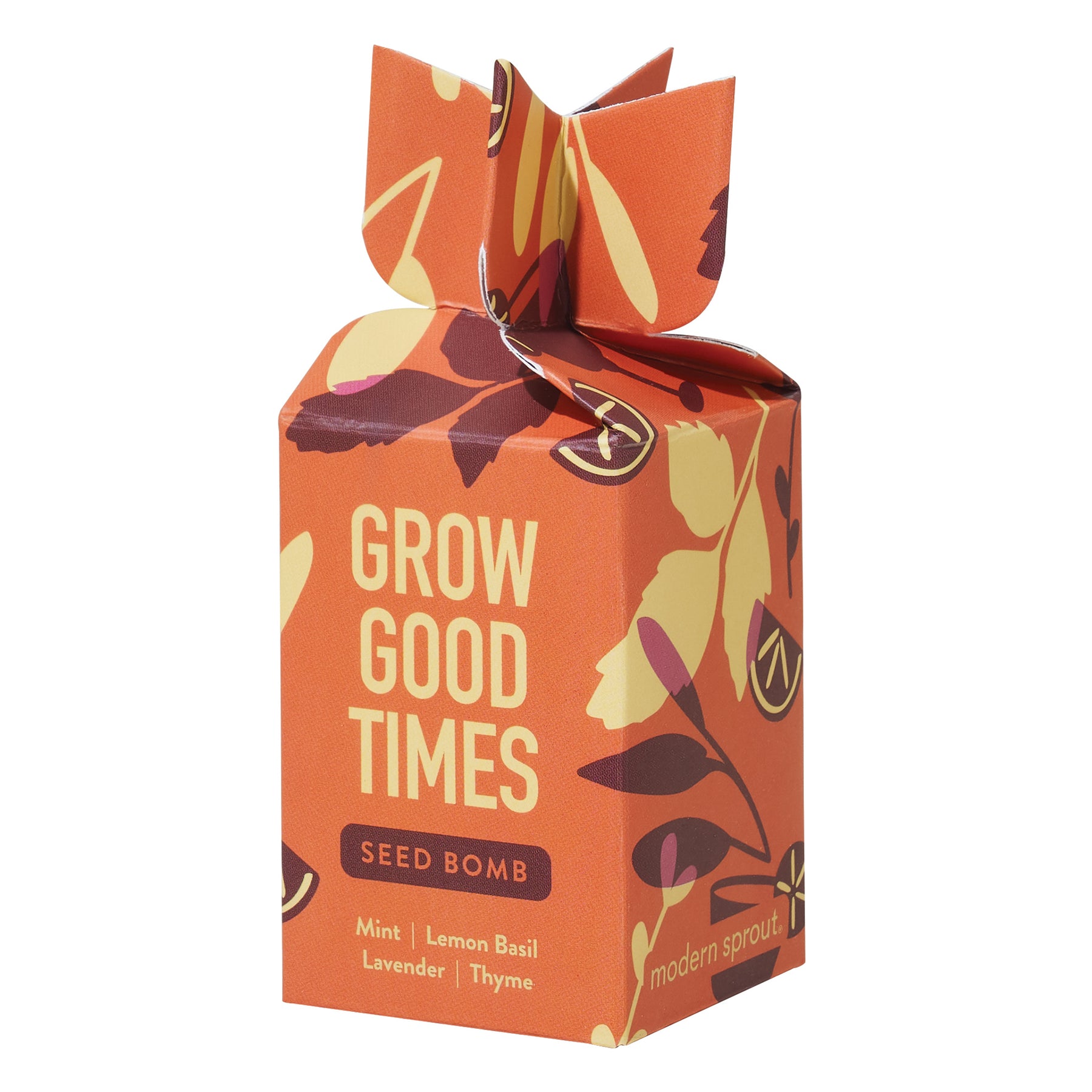 Colorful seed bomb packaging featuring the text "Grow Good Times" with illustrations of herbs like mint, lemon basil, lavender, and thyme.