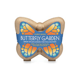 Curious Critters Butterfly Garden Kit featuring wildflower seeds, garden markers, and colorful packaging shaped like a butterfly.