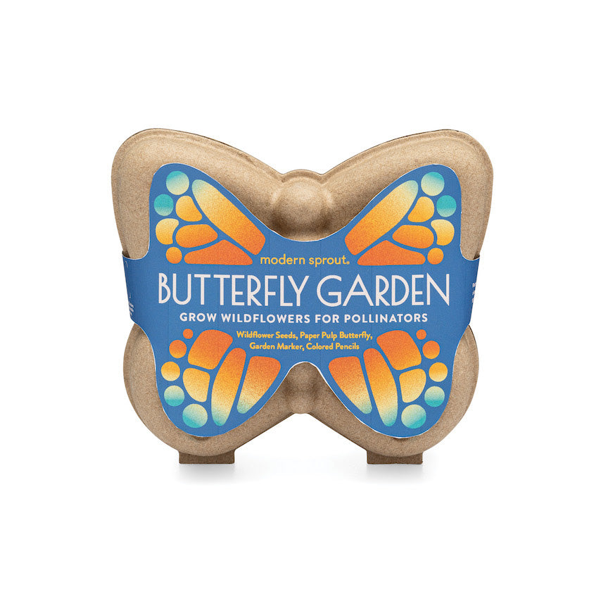 Curious Critters Butterfly Garden Kit featuring wildflower seeds, garden markers, and colorful packaging shaped like a butterfly.