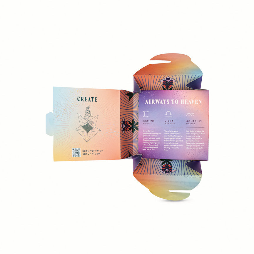 Colorful Cosmic Seed Kit packaging featuring zodiac signs and a QR code for setup video instructions.