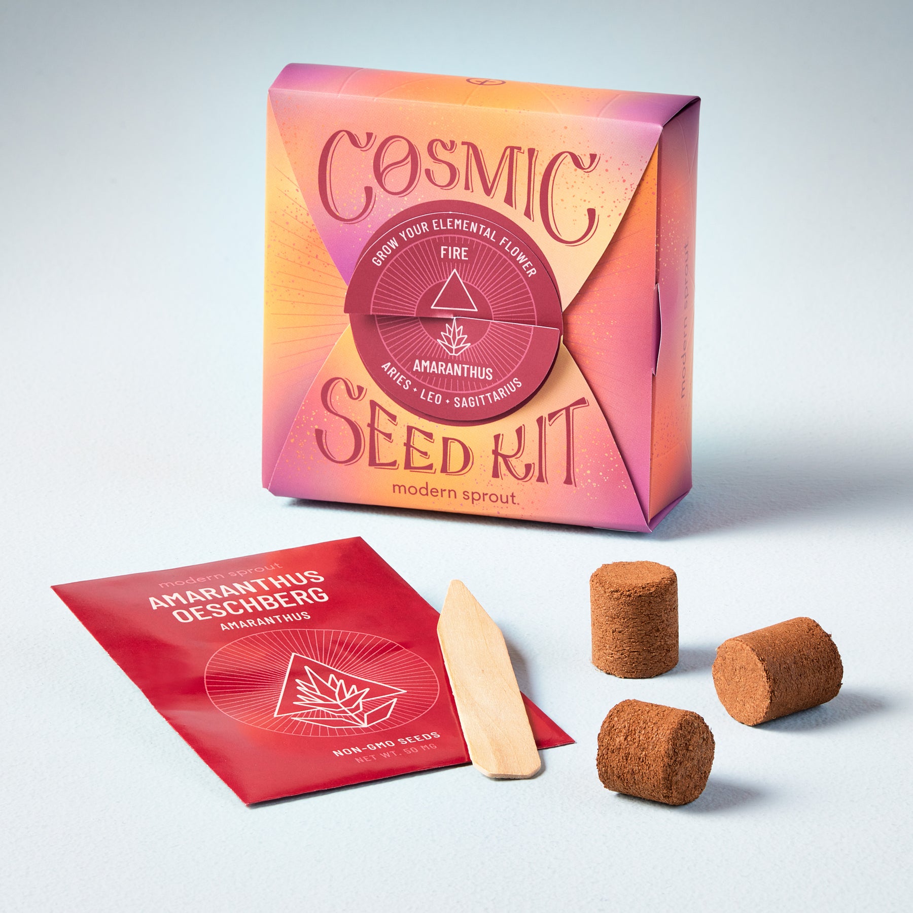 Cosmic Seed Kit packaging with seed packet, planting discs, and wooden stick for growing amaranthus flowers.