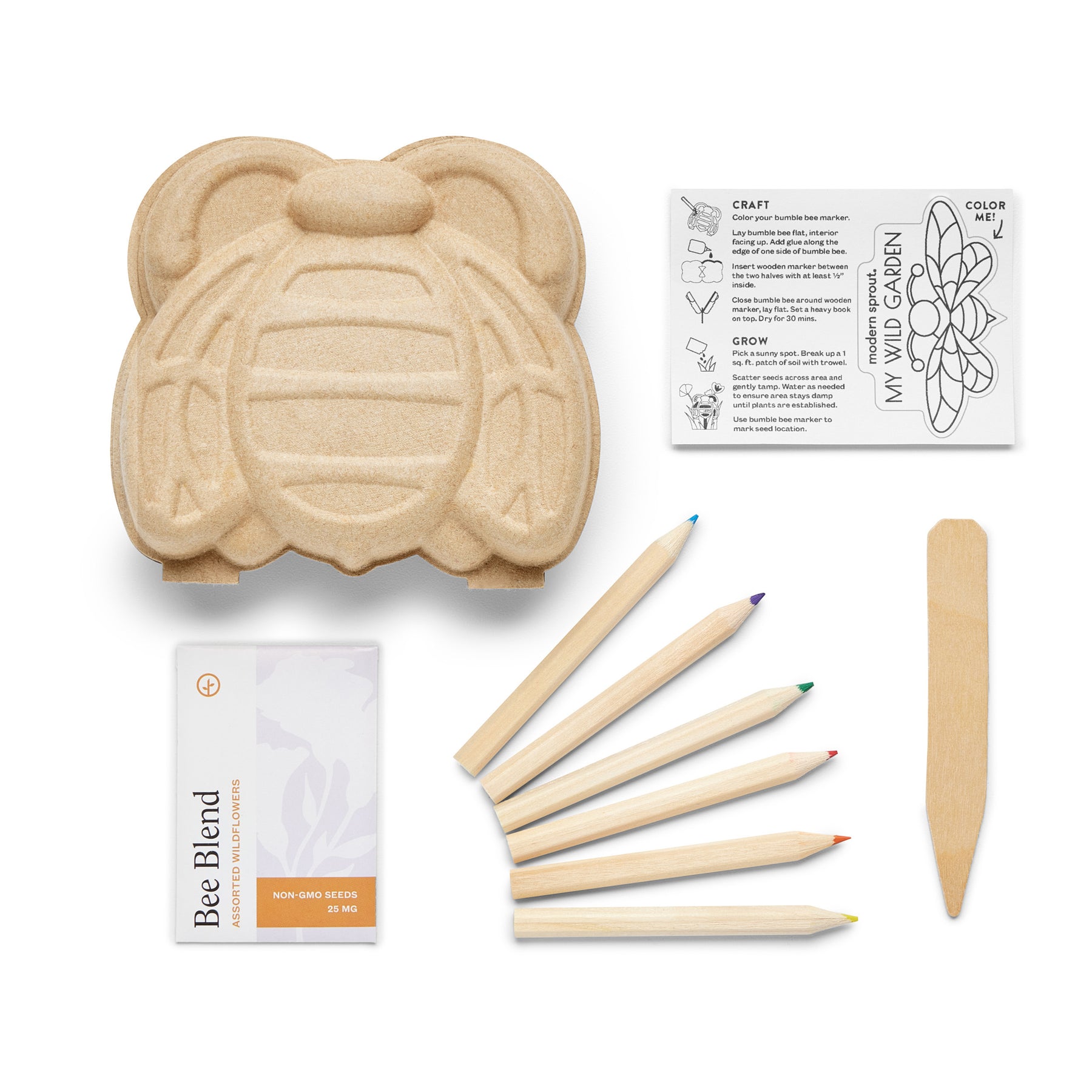 Curious Critters Garden Kit featuring a bee-shaped planter, seed packets, colored pencils, and planting instructions.