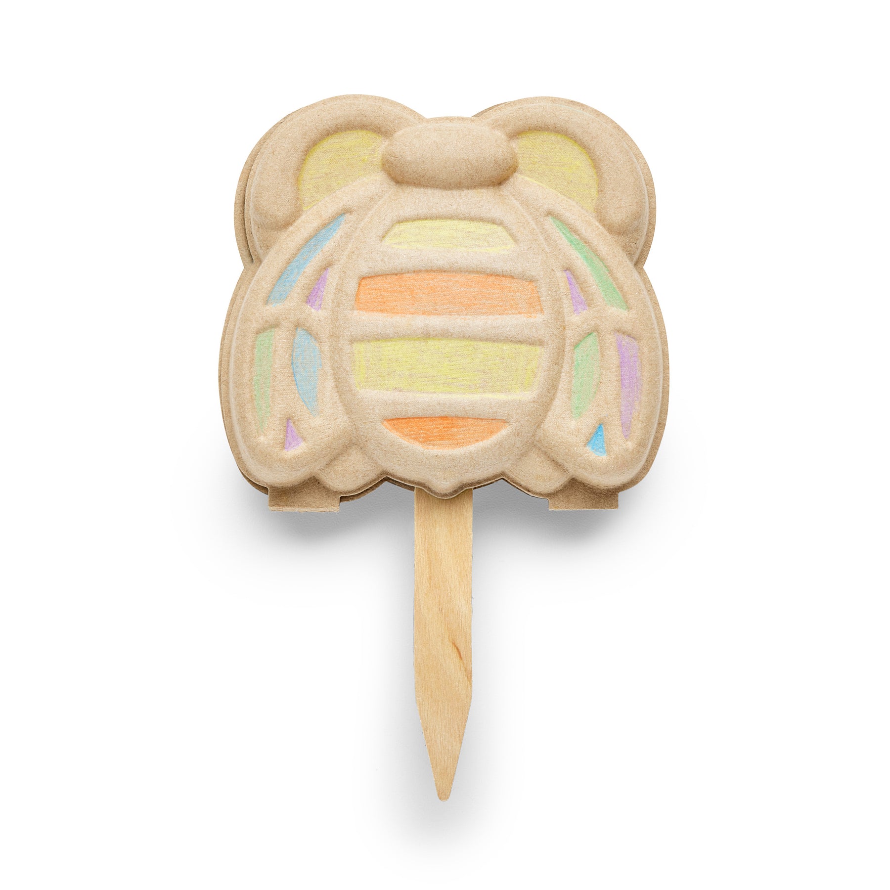 Colorful garden marker shaped like a bear, featuring pastel stripes and a wooden stake for plant identification.