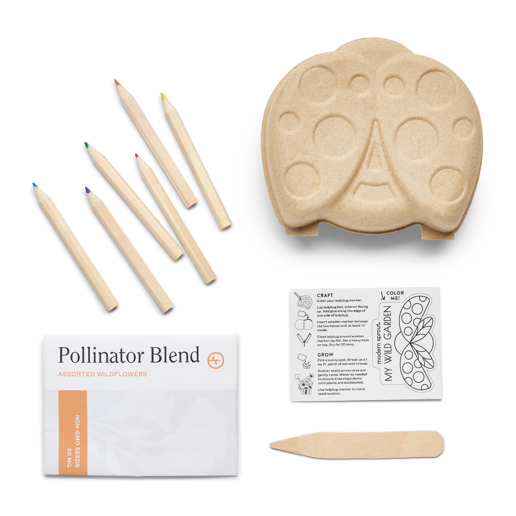 Curious Critters Garden Kit featuring a wooden palette, colored pencils, pollinator blend seeds, and planting instructions.