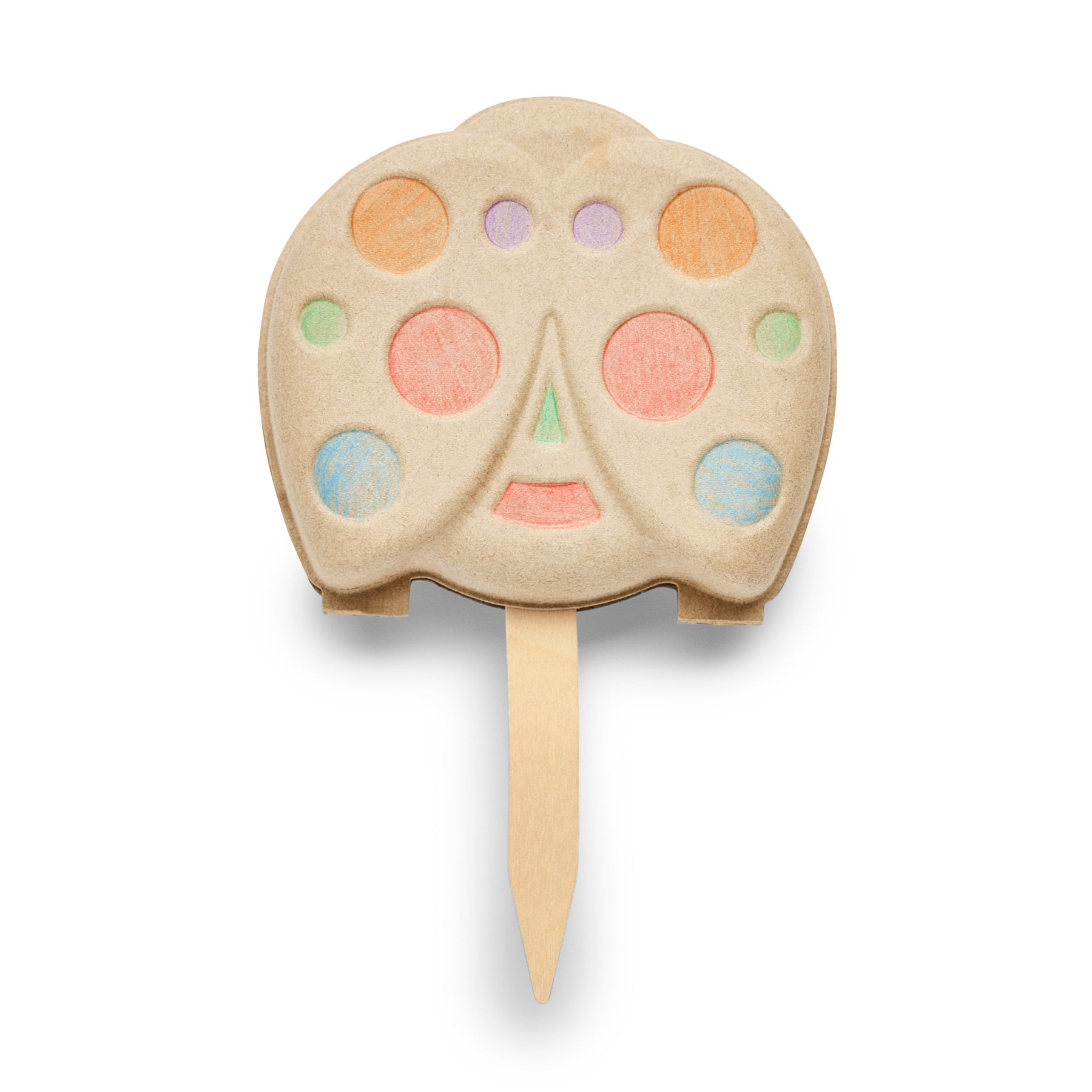 Colorful butterfly-shaped seed starter kit with a wooden stick for planting, designed for kids' gardening activities.