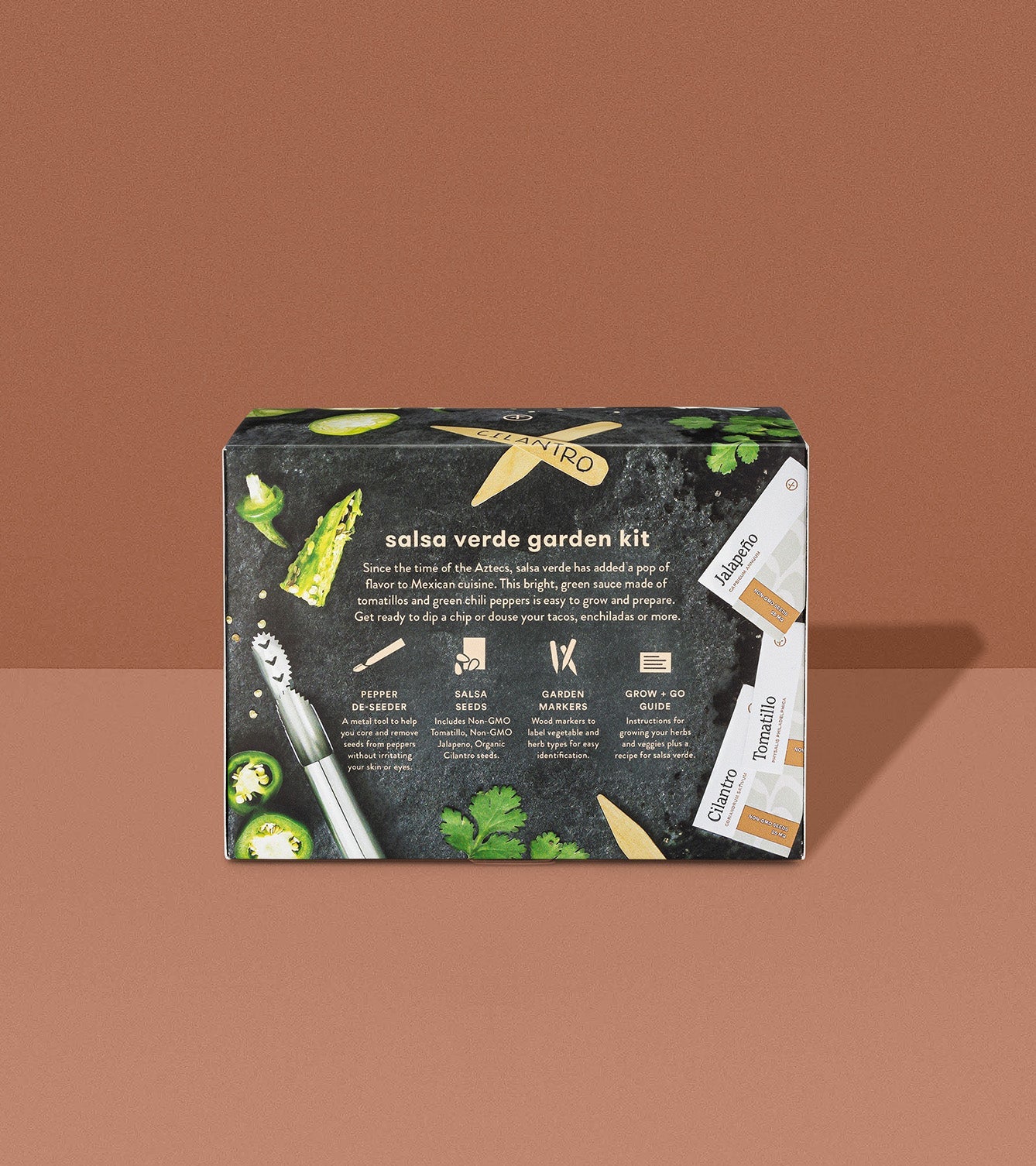 Seed collection kit for salsa verde gardening, featuring peppers, herbs, and accessories for easy planting and growth.