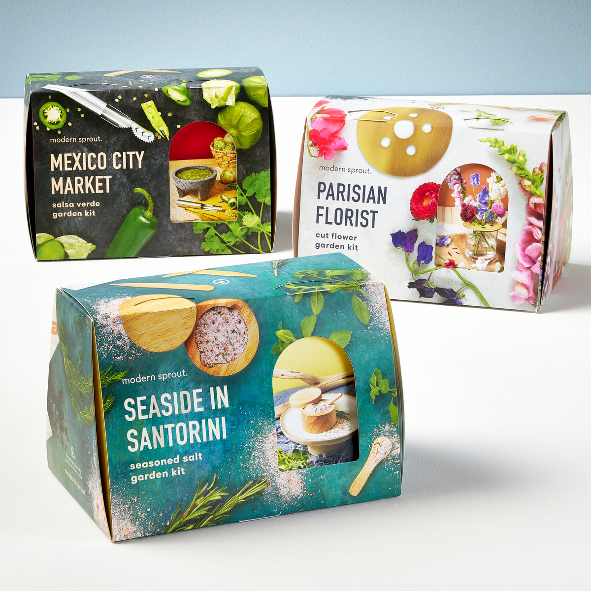 Three colorful seed collection kits from Modern Sprout: Mexico City Market, Parisian Florist, and Seaside in Santorini.