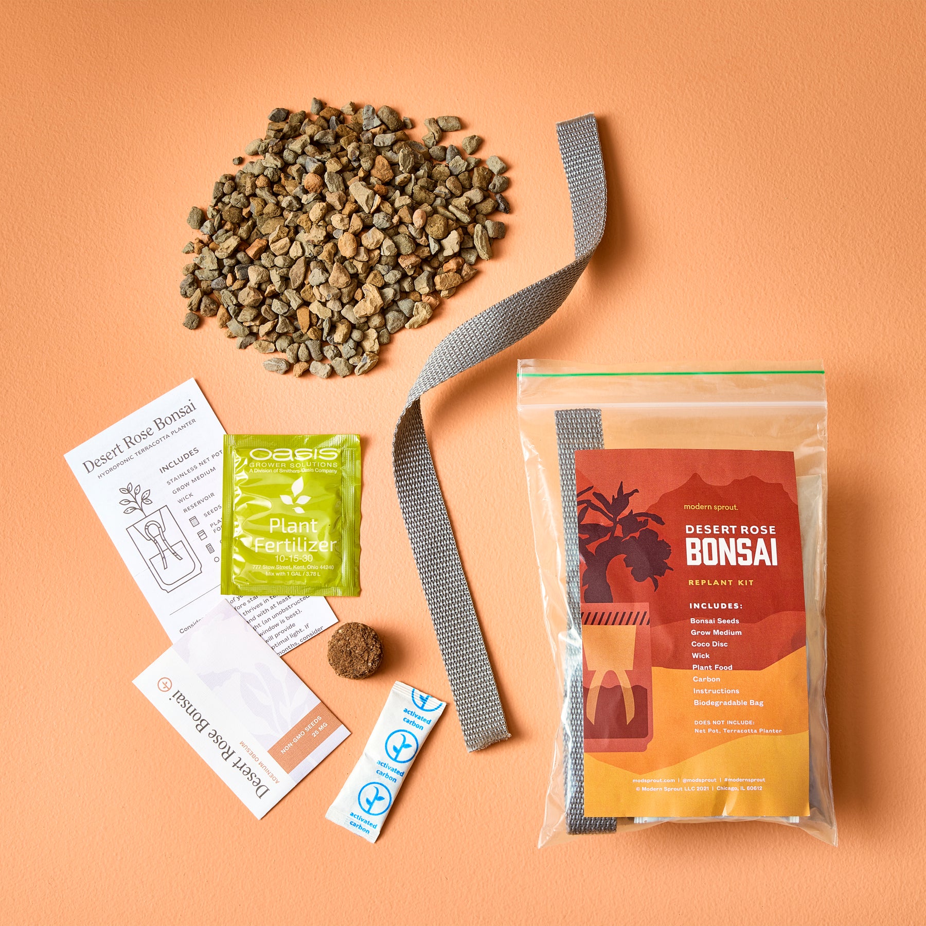 Passive Hydroponic Replant Kit components including rocks, fertilizer, planting tape, and instructions on an orange background.