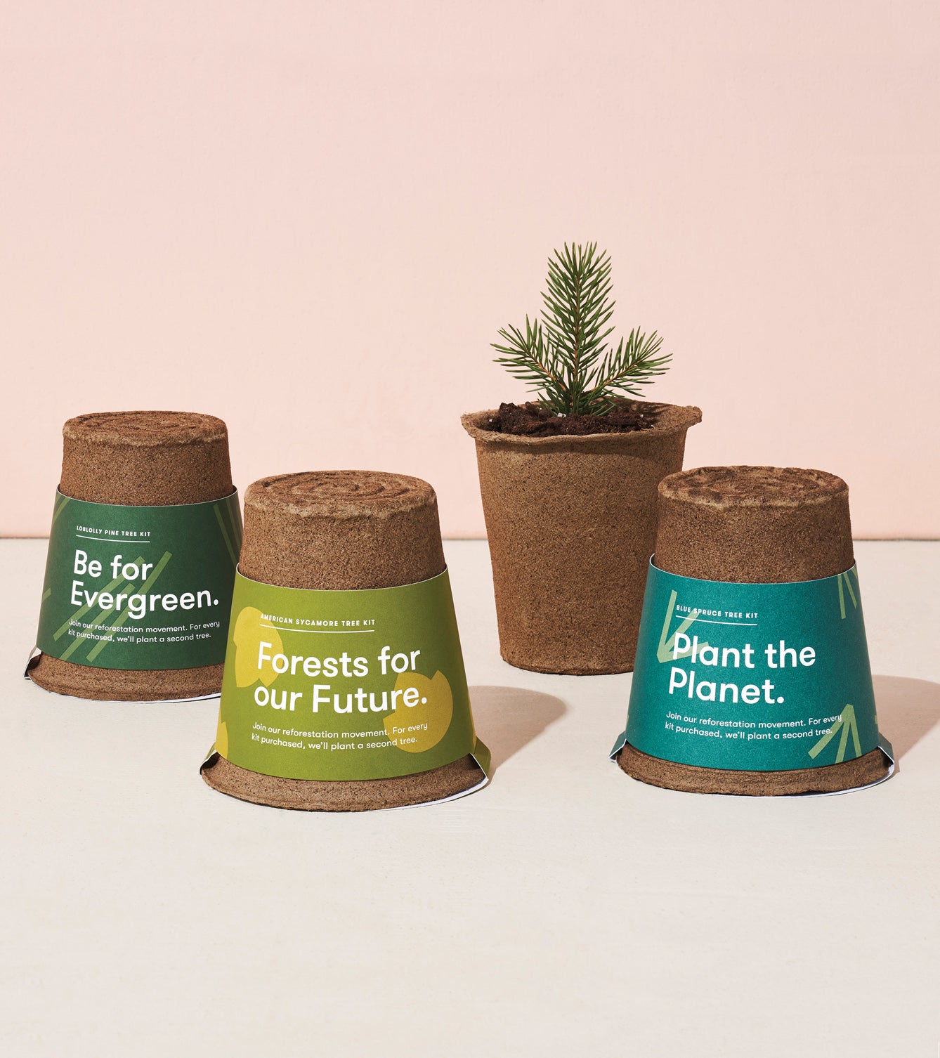 One-For-One Tree Kits featuring biodegradable pots with labels promoting sustainability and tree planting.