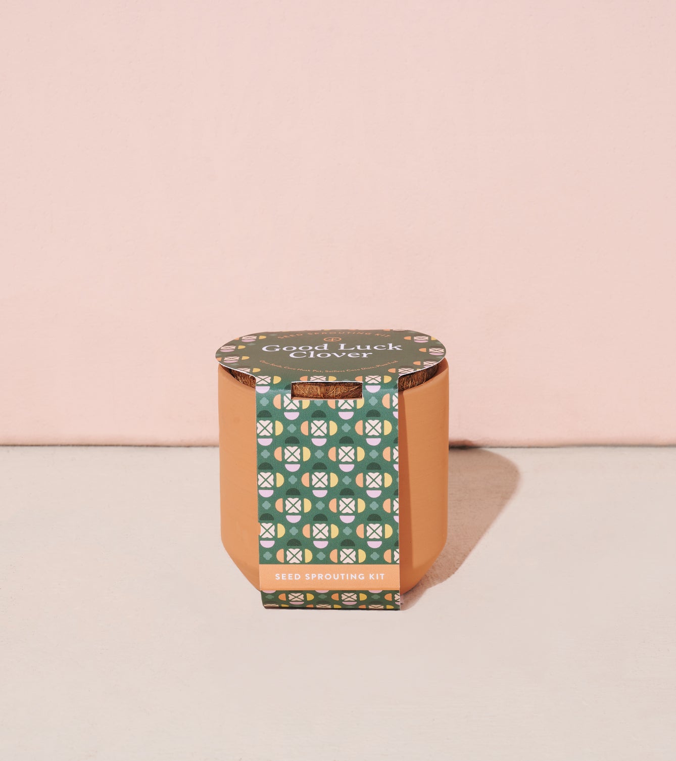 Tiny Terracotta Kit featuring a decorative lid with a green and patterned design, labeled as a seed sprouting kit.