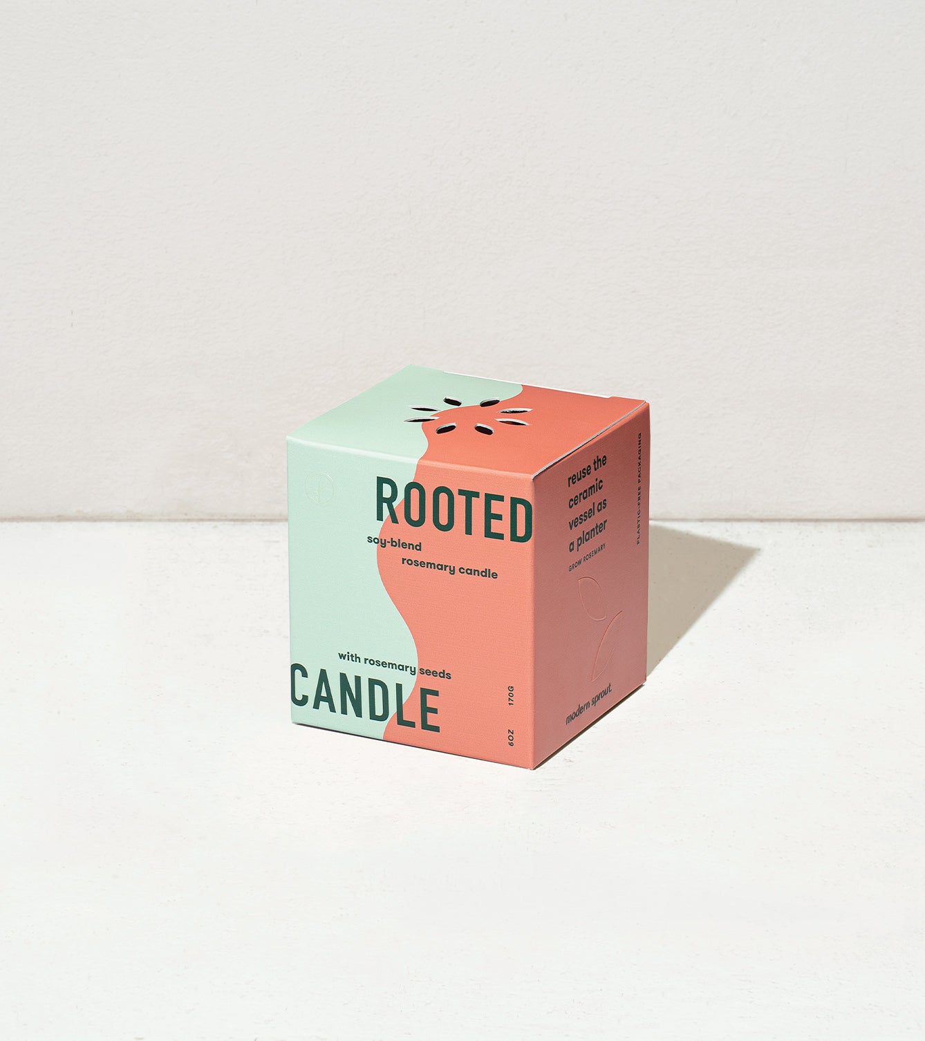 Square box of Rooted rosemary candle featuring a minimalist design with pastel colors and botanical illustrations.
