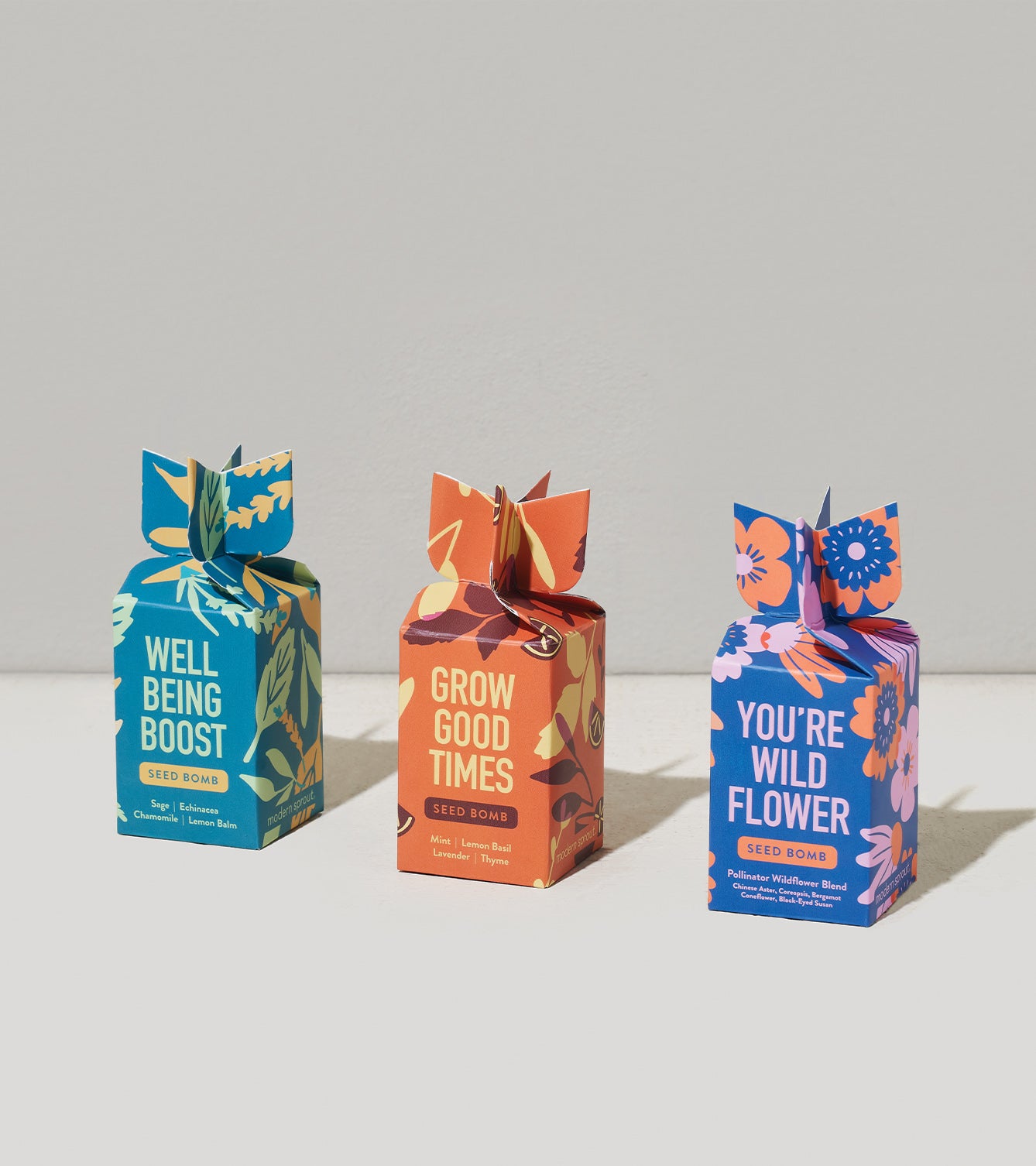 Colorful seed bomb packaging featuring three varieties: Well Being Boost, Grow Good Times, and You're Wild Flower.