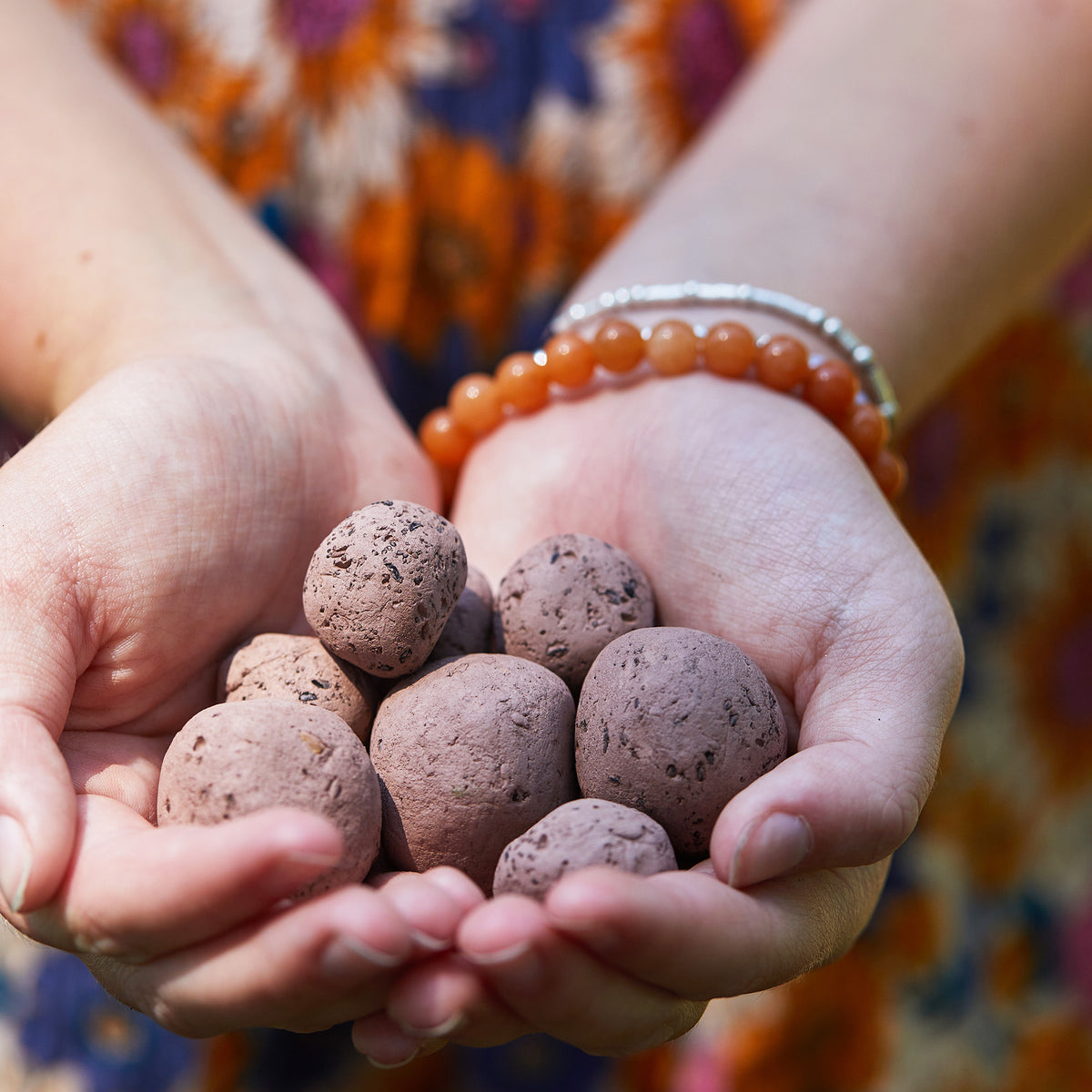 Hands holding several seed bombs made of clay and soil, ready for planting in gardens or green spaces.