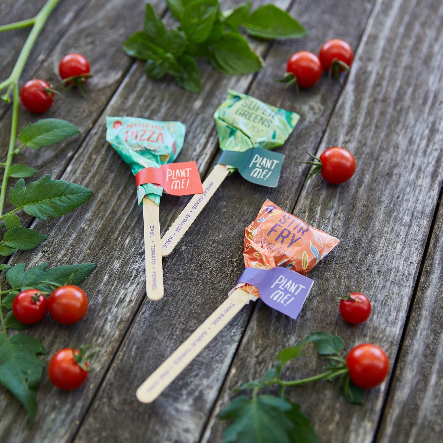Colorful seed lollipops labeled for pizza, stir fry, and salad greens, surrounded by cherry tomatoes on a wooden surface.