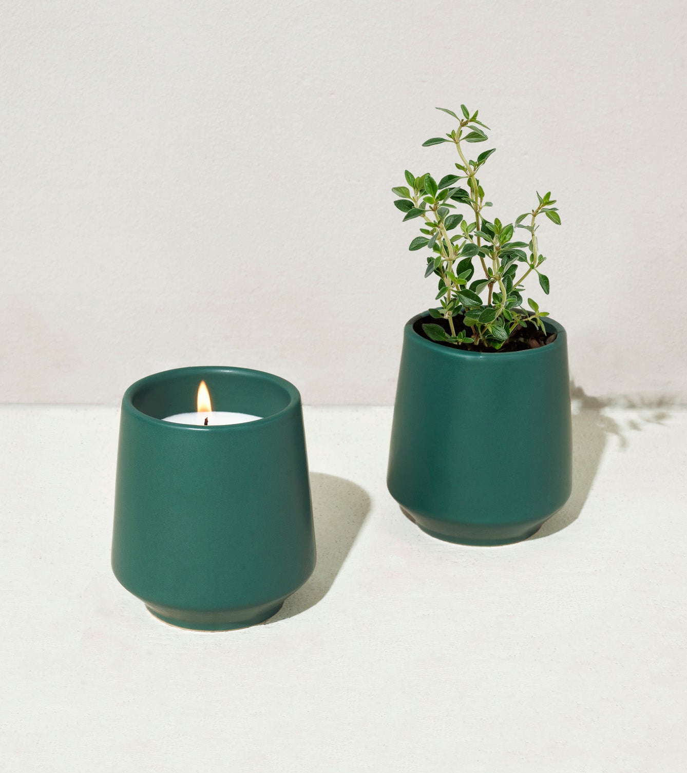 Two green ceramic containers, one with a lit candle and the other with a small thriving plant, on a light surface.