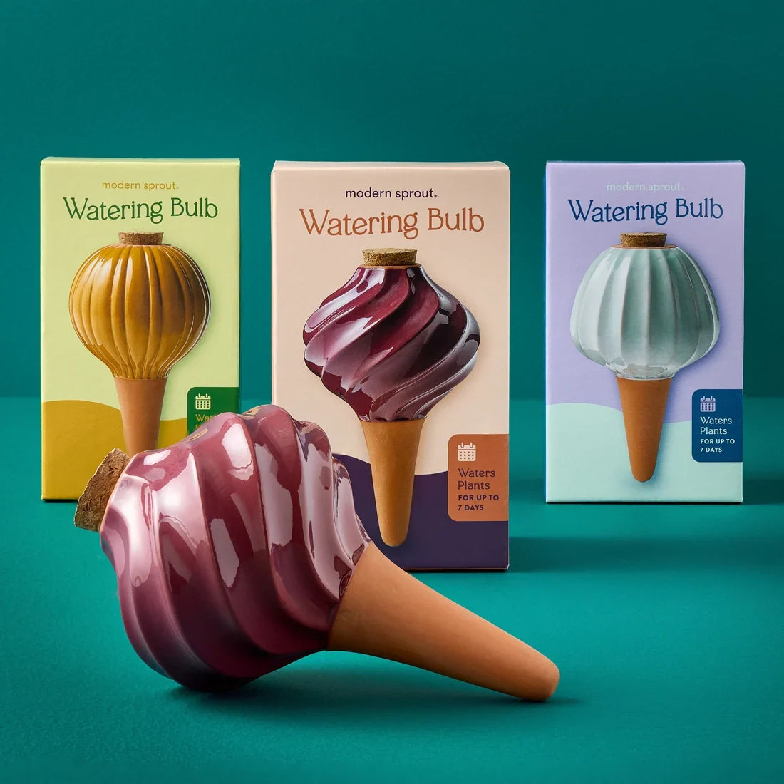 Modern Sprout Terracotta Watering Bulbs in three colors with packaging