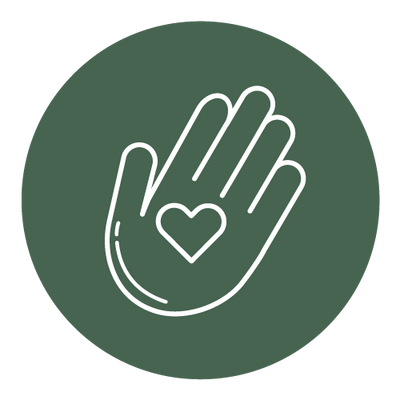 Icon of a hand with a heart in the palm, white outline on a dark green background.