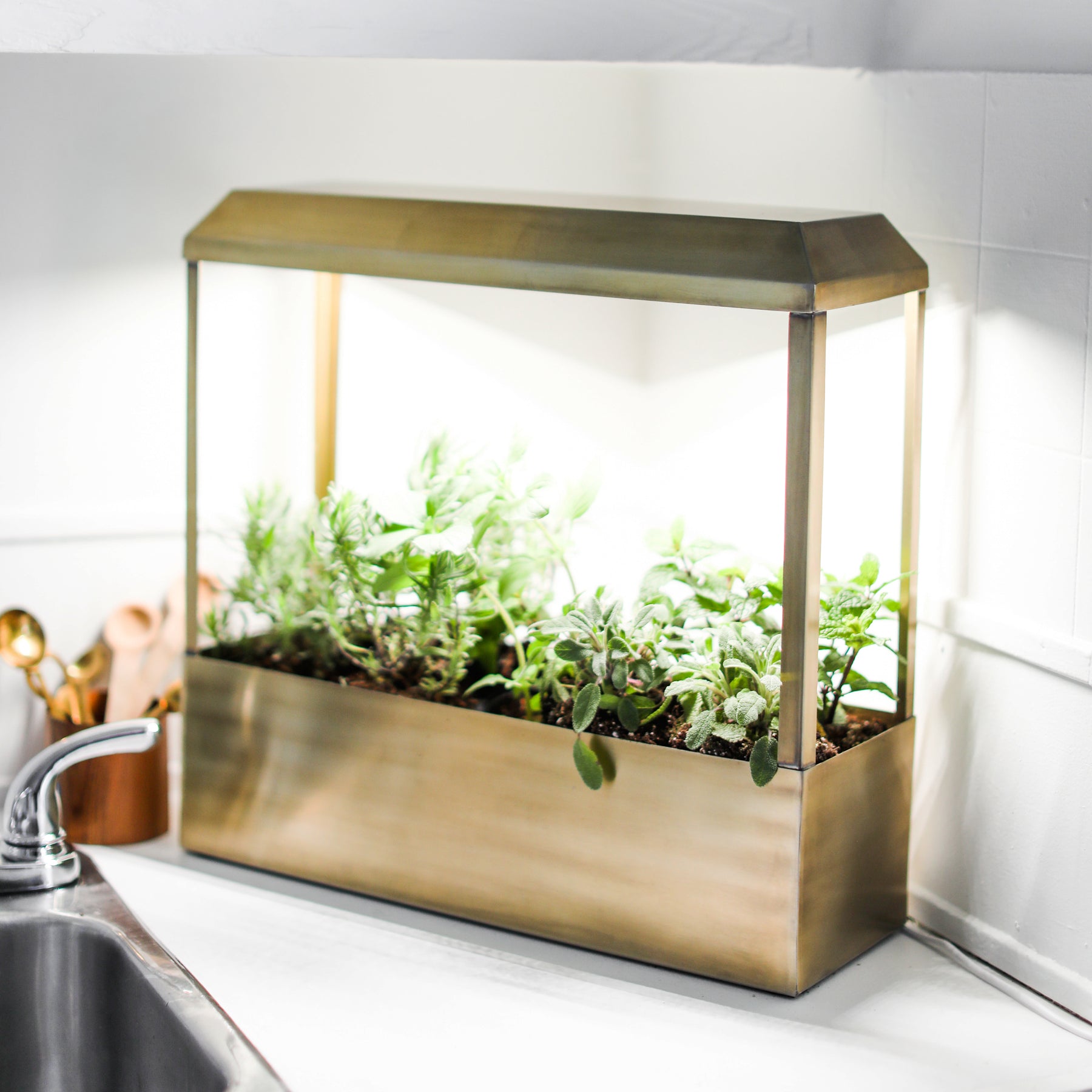 modern indoor herb planter Smart Growhouse Brass