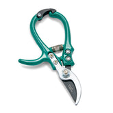Ergonomic gardening shears with a green handle and sharp stainless steel blade for precise pruning and trimming.