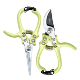 Pair of gardening shears and pruners with ergonomic lime green handles and stainless steel blades for precise cutting.