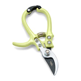 Ergonomic gardening shears with a bright green handle and stainless steel blade for precise pruning and trimming.