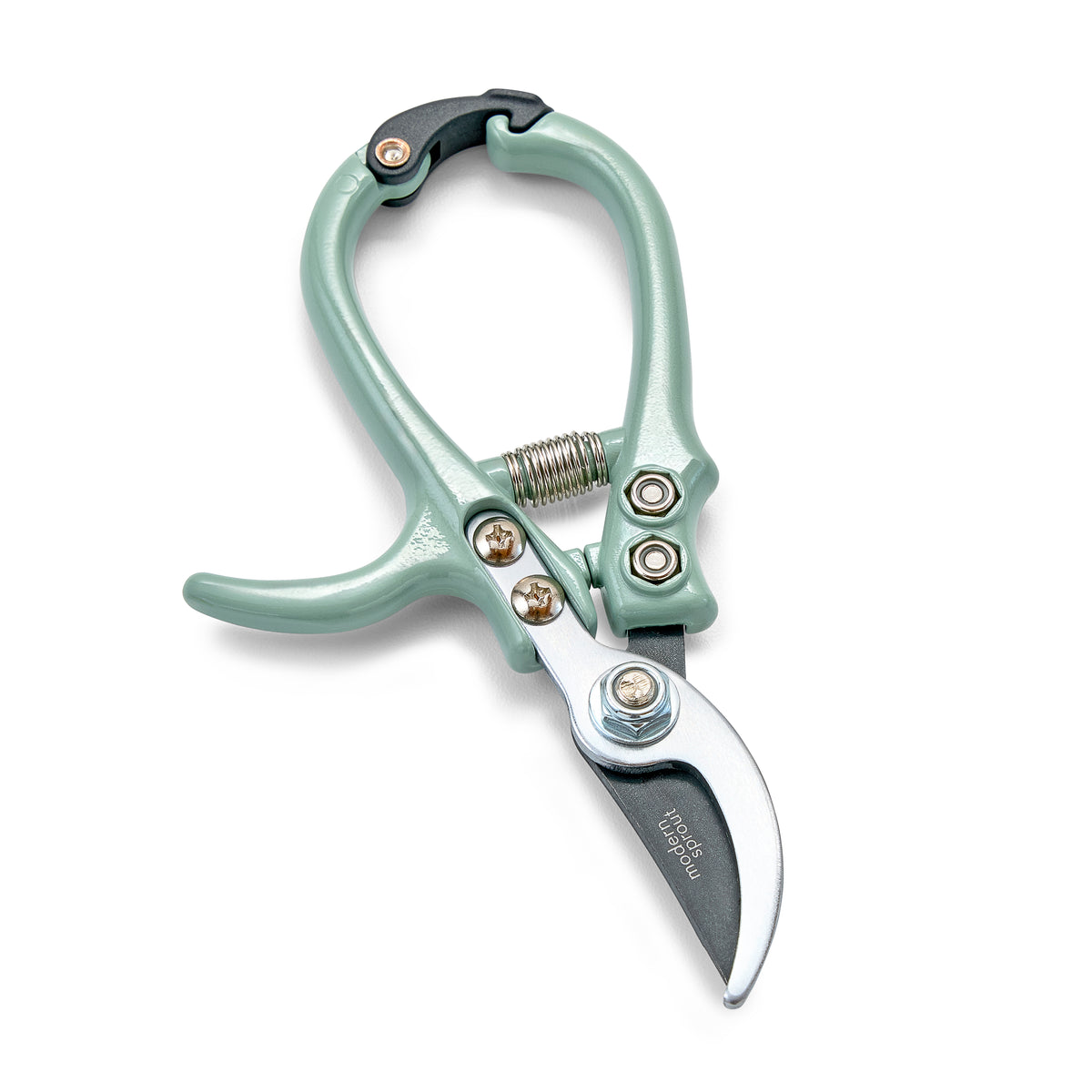 Green gardening shears with a curved blade and ergonomic handle, designed for precise pruning and cutting.