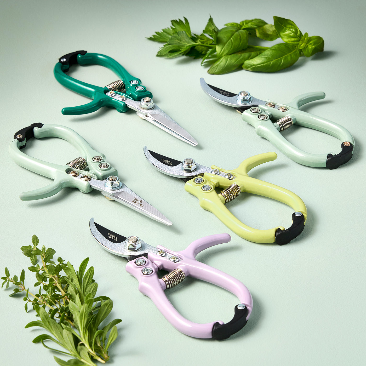 Colorful gardening shears and pruners arranged on a light green surface, surrounded by fresh herbs.