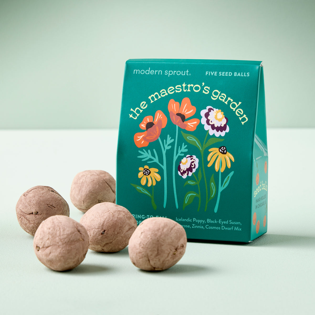 Bespoke Blooms Seed Balls package featuring colorful flower illustrations and five seed balls for planting.