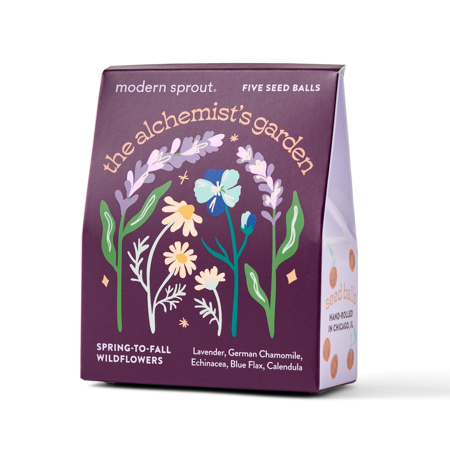 Bespoke Blooms Seed Balls packaging featuring a colorful floral design, labeled "The Alchemist's Garden" with wildflower varieties.