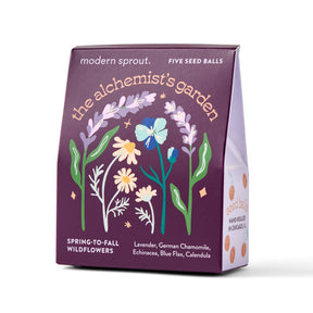 Bespoke Blooms Seed Balls packaging featuring a colorful floral design, labeled "The Alchemist's Garden" with wildflower varieties.