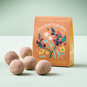 Bespoke Blooms Seed Balls in a colorful box featuring floral illustrations, with five seed balls displayed in front.