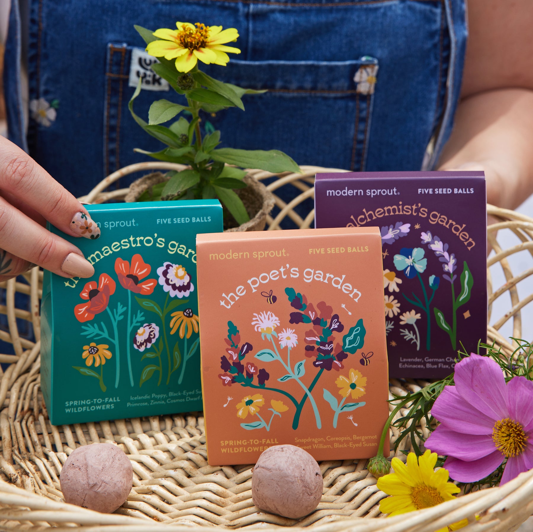 Bespoke Blooms Seed Balls in decorative packaging, featuring vibrant wildflower designs, held in a woven basket.