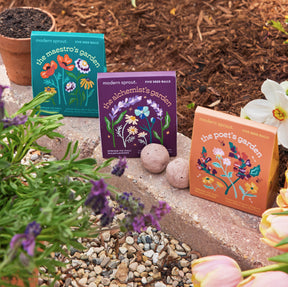 Bespoke Blooms Seed Balls from Modern Sprout, featuring three colorful seed ball packages among blooming flowers.
