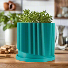 Mid-Century Ribbed Planter with Drainage and Saucer