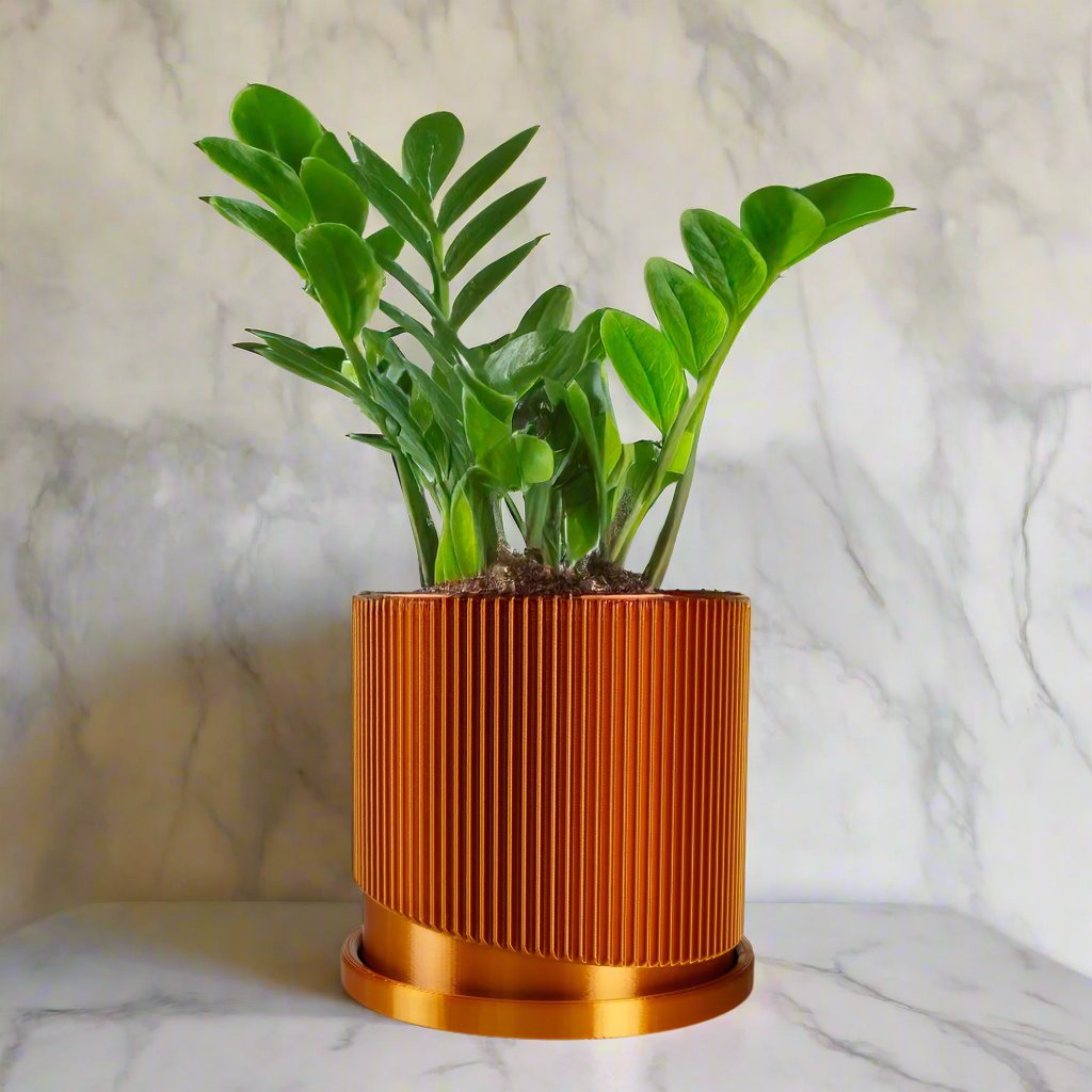 Mid-Century Ribbed Planter with Drainage and Saucer