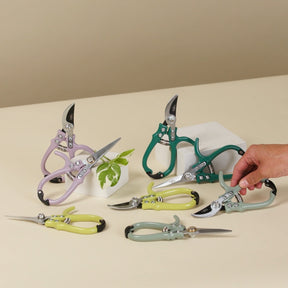 Gardening shears and pruners in a variety of beautiful colors. Lightweight and comfortable. Self-latching with high-carbon steel blades.
