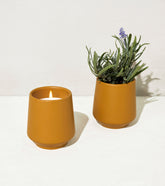Two mustard-colored vessels on a light surface: one contains a lit candle, and the other holds fresh lavender.