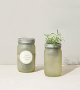 Green glass garden jars with rosemary, featuring a sleek design and metal lids, ideal for indoor herb gardening.